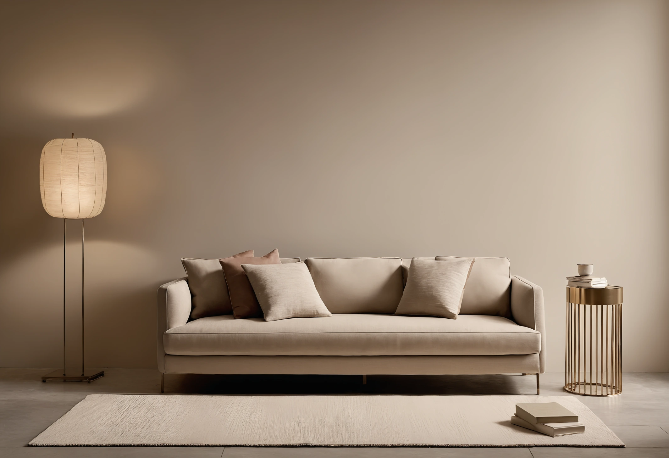 Showroom display of an upholstered sofa with an adjacent sample book stand and finish display panel