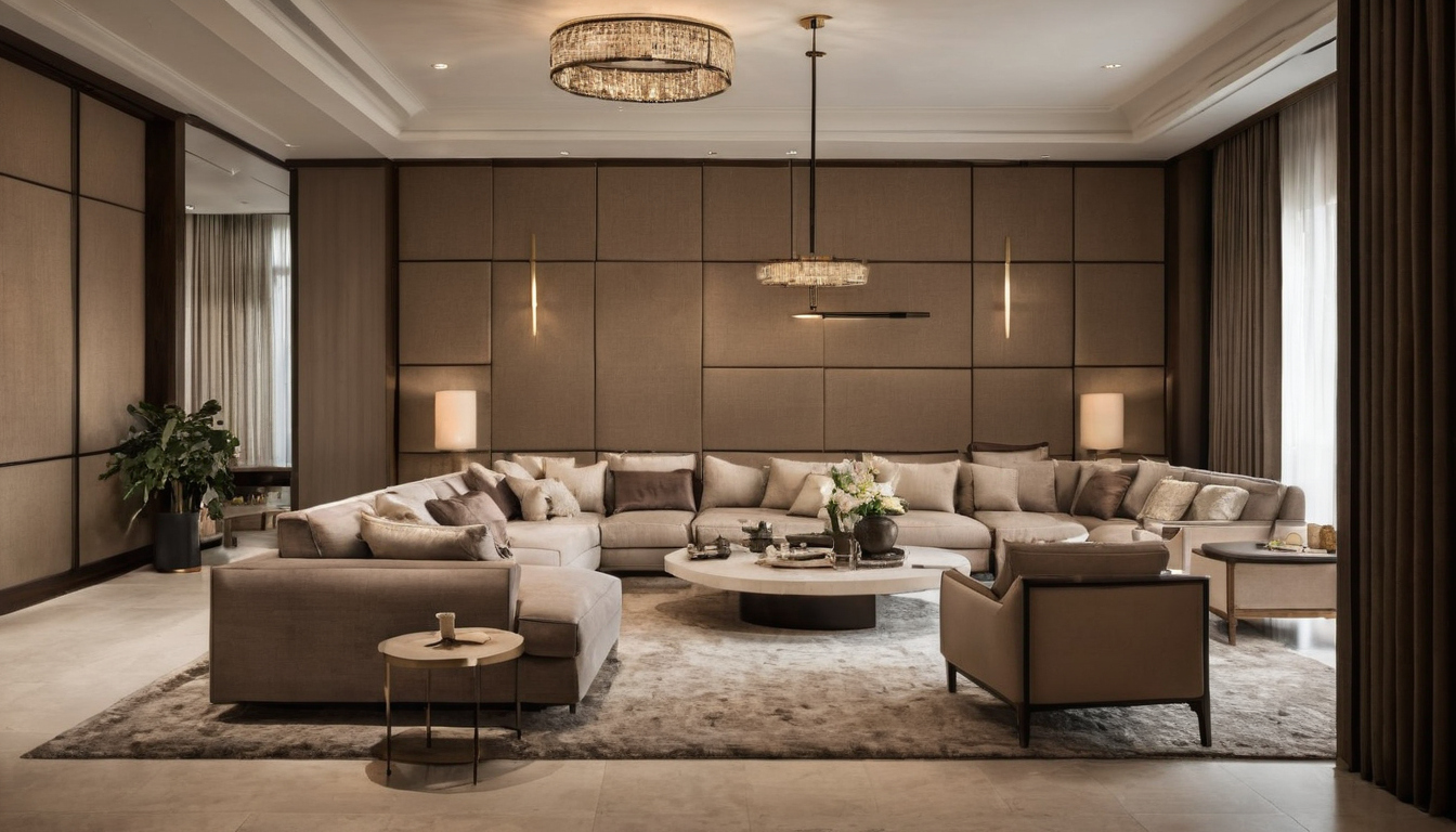 Majlis seating arranged around low tables, with paneled walls and recessed ceiling lighting.