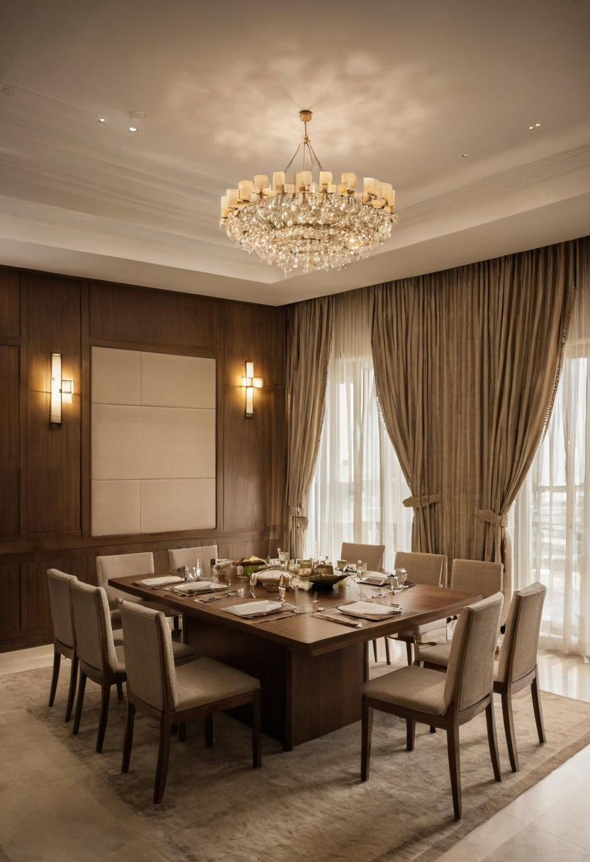 Dining room with a table and upholstered chairs, chandelier, paneled walls and full-height curtains.