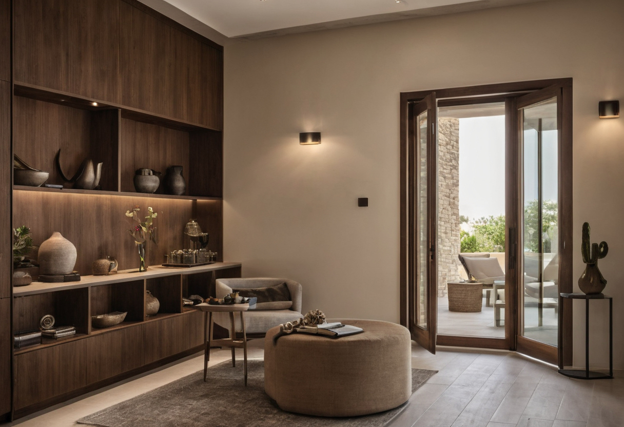 Sitting area with timber cabinets, open display shelves and a round ottoman beside glazed doors.