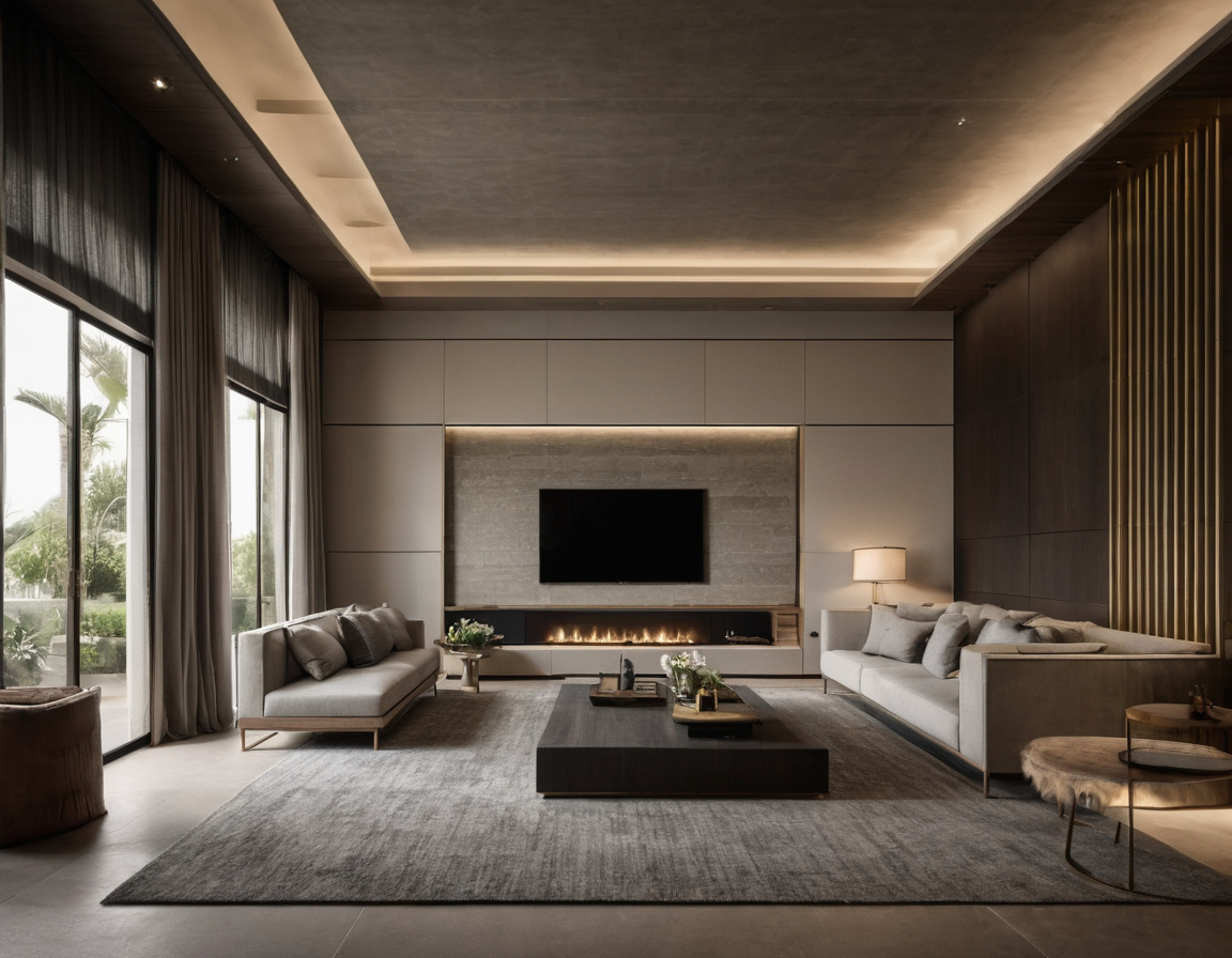 Living room with opposing sofas, a television above a linear fireplace and recessed ceiling lighting.