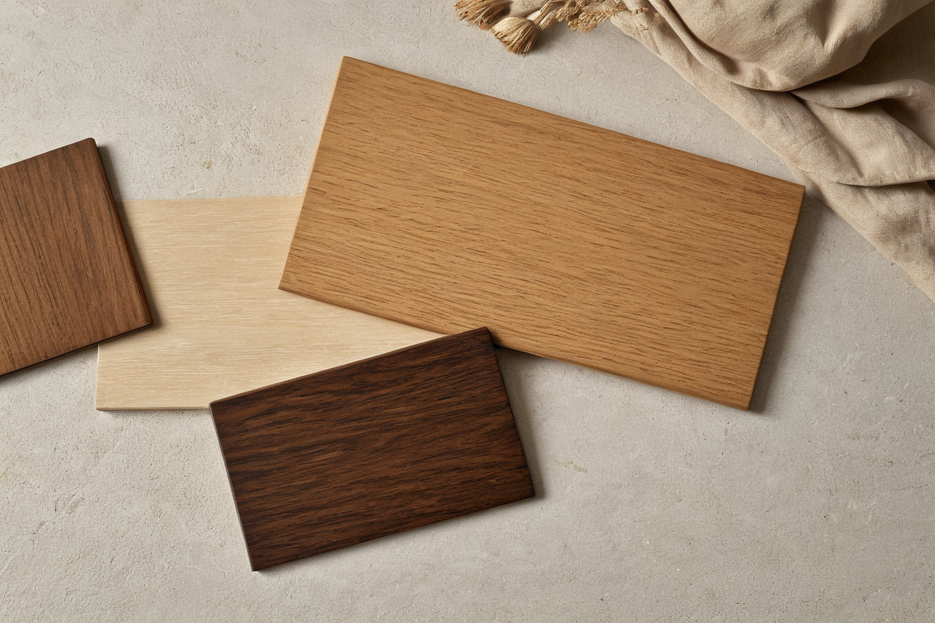 Timber finish samples for a coordinated material palette.