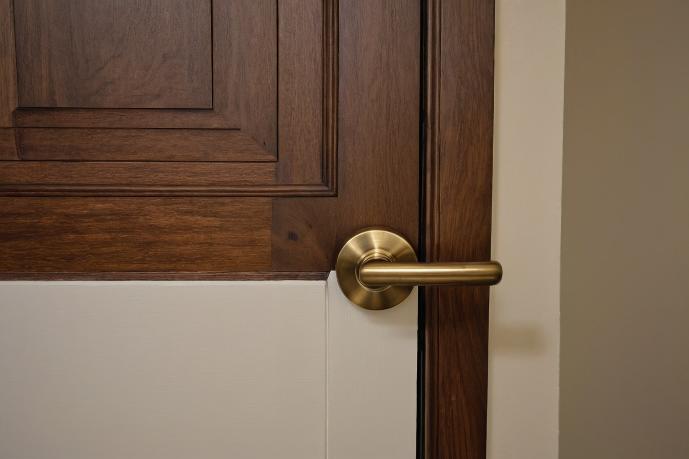 Brushed brass lever handle against a walnut door surface.
