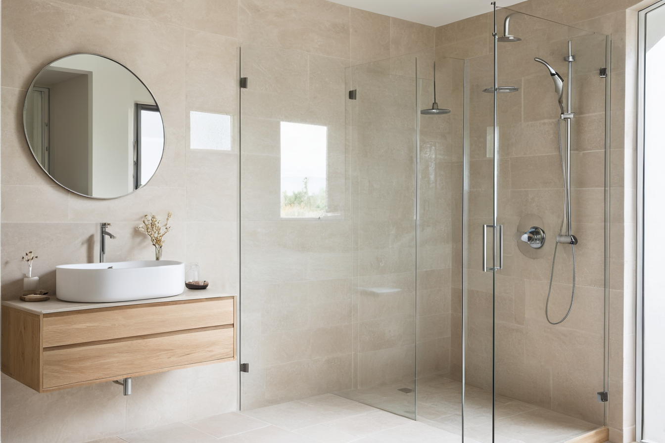 A pale tiled bathroom with timber vanity and a clear shower screen