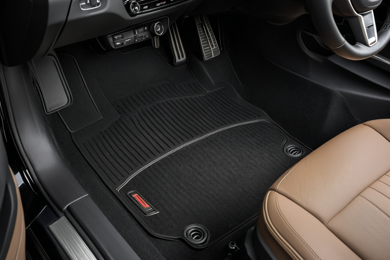 A fitted black floor mat in a car footwell