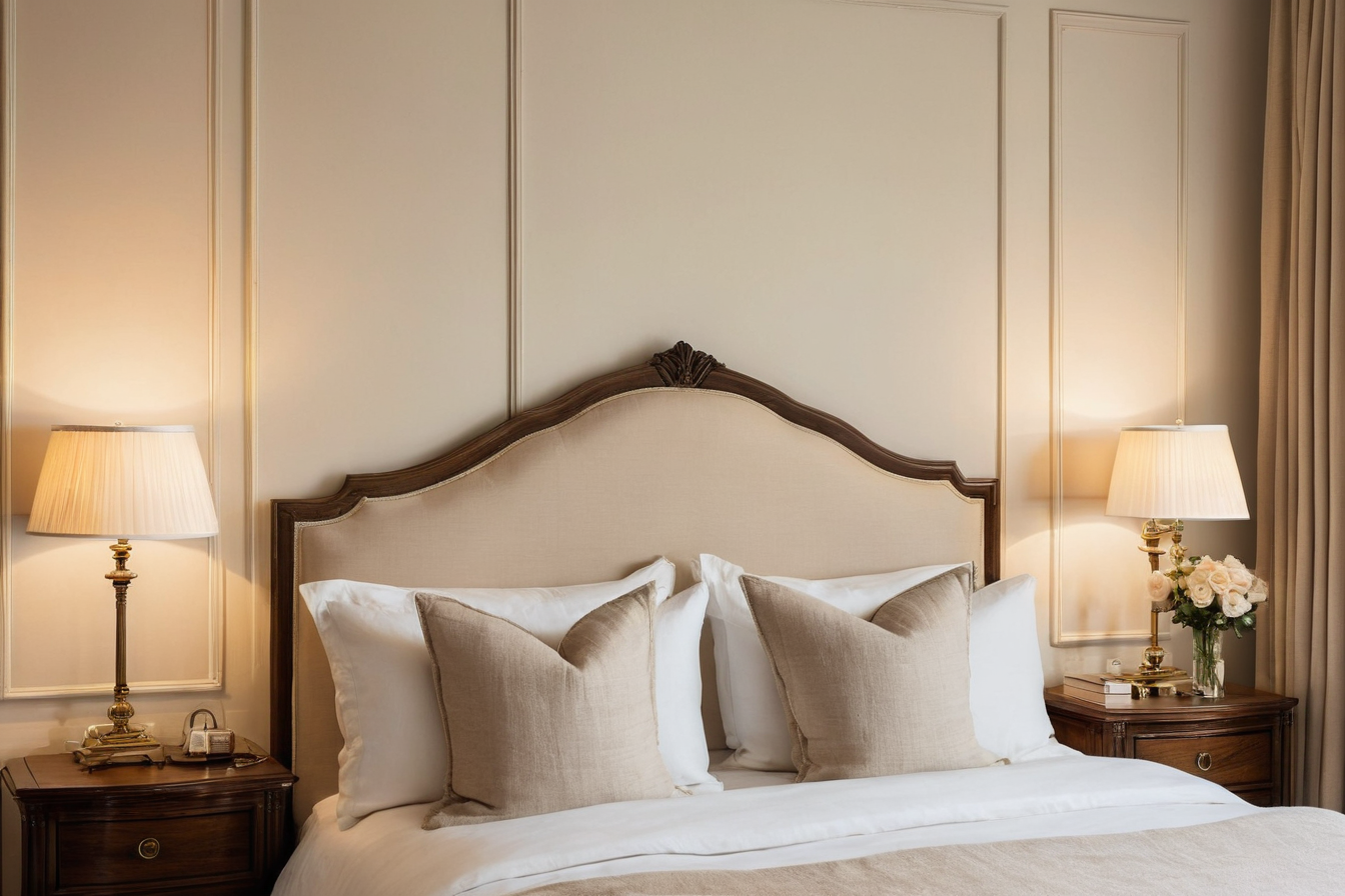An upholstered bed, walnut bedside furniture and restrained wall mouldings