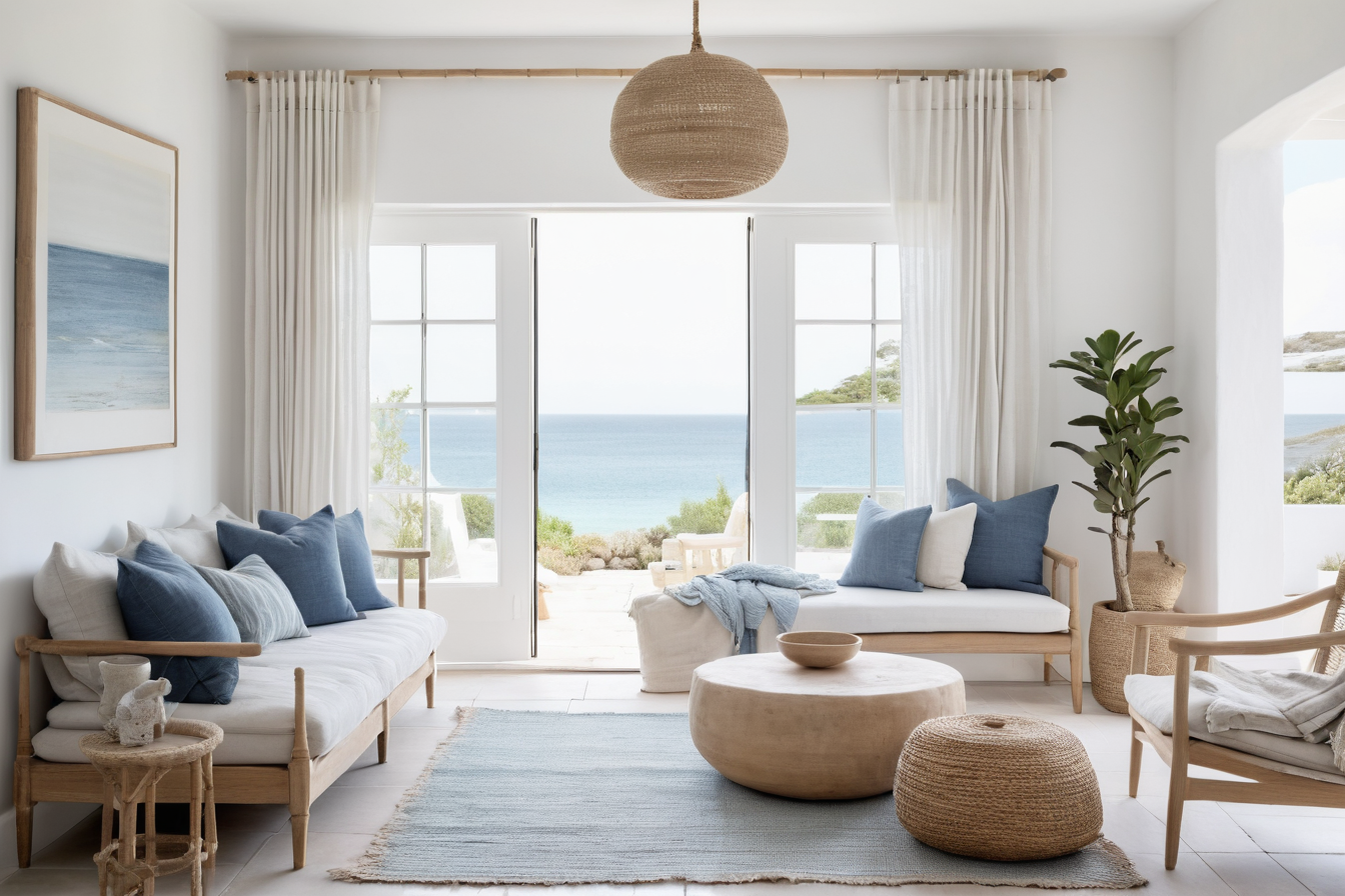 Pale timber, blue cushions and white curtains in a coastal-style living room