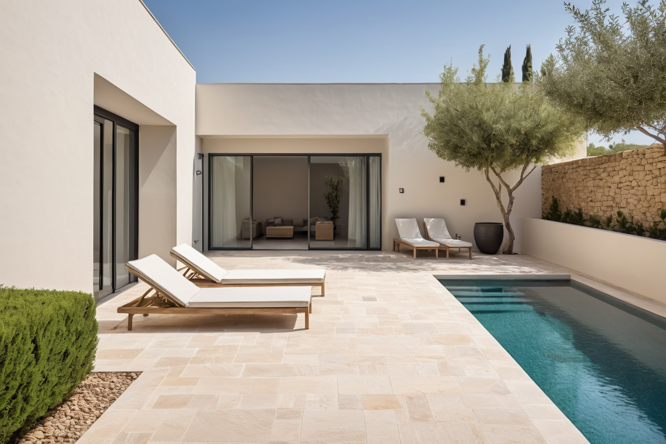 A rectangular courtyard pool beside shaded seating and pale stone paving