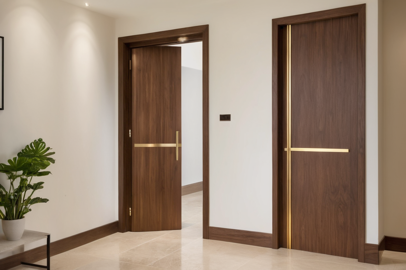 Walnut interior doors with simple brass handles and pale walls