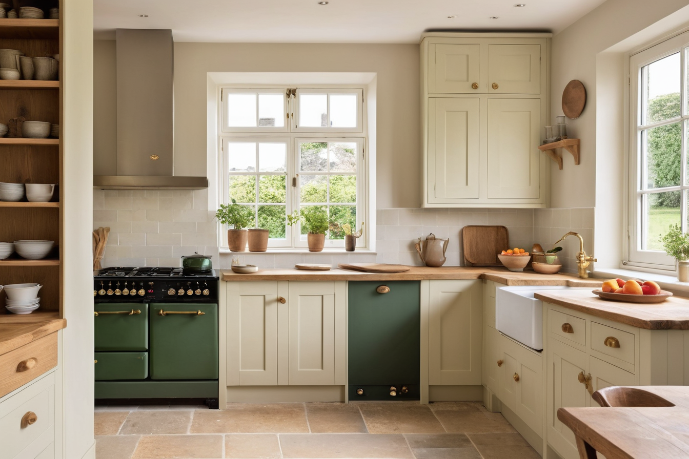 A green range cooker surrounded by cream cabinetry and timber details