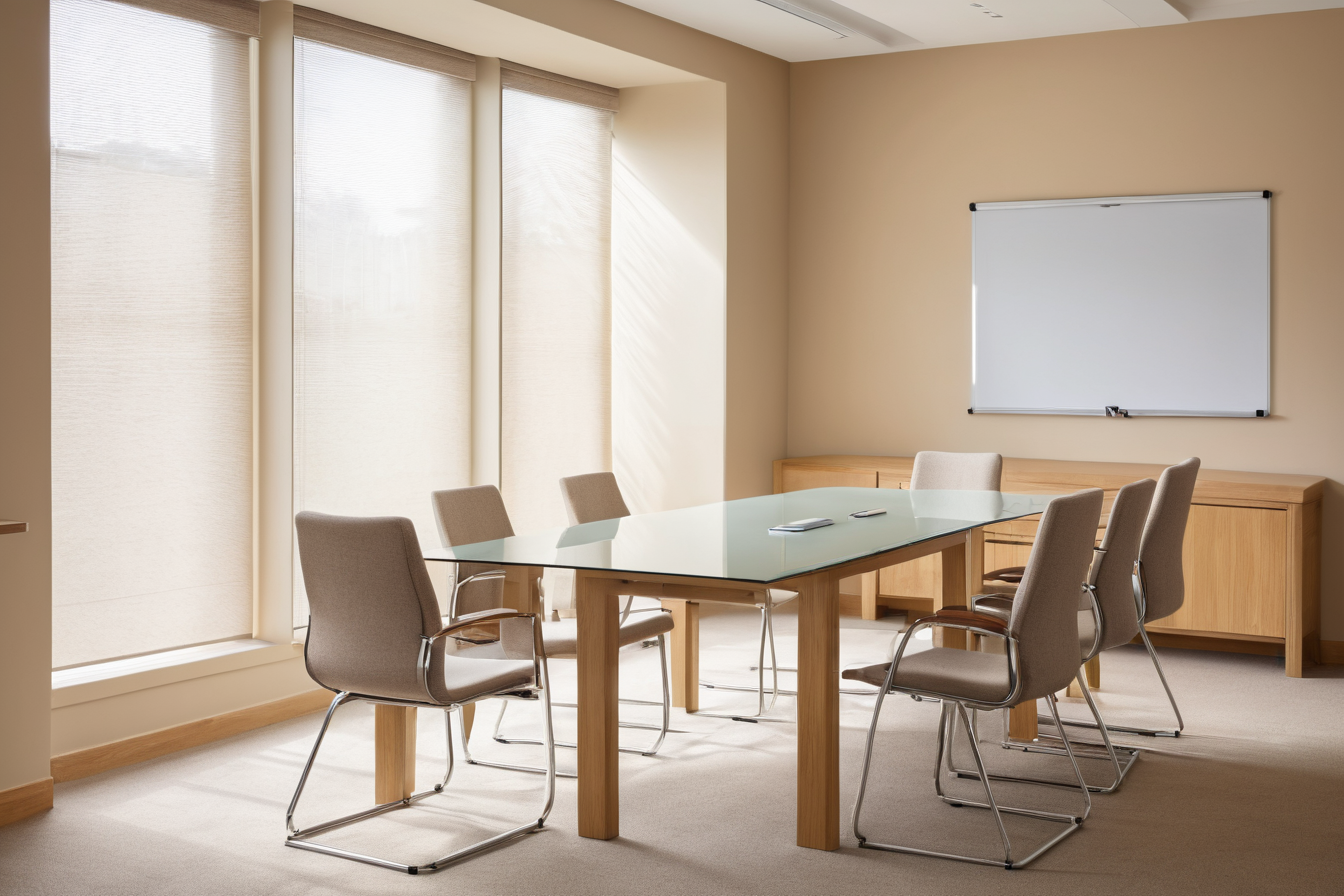 A small meeting room with a glass table and wall-mounted whiteboard