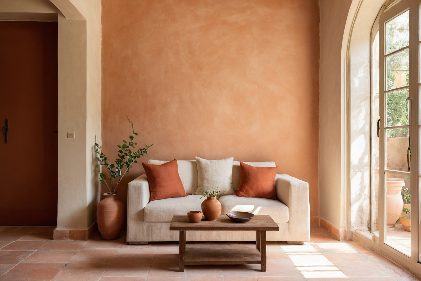 Terracotta walls and warm textiles in a light-filled sitting room