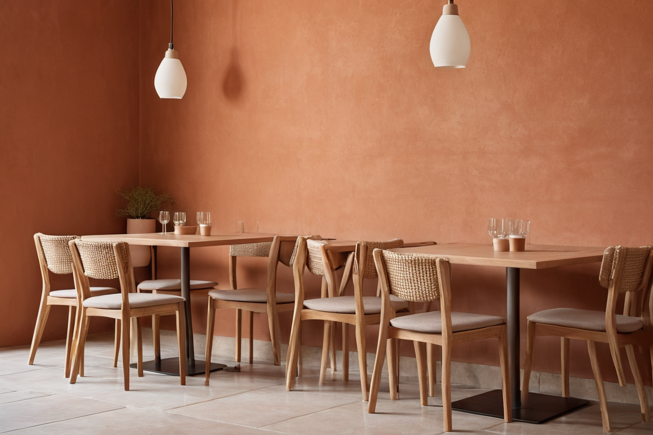 Terracotta walls, timber tables and woven chairs in a small cafe