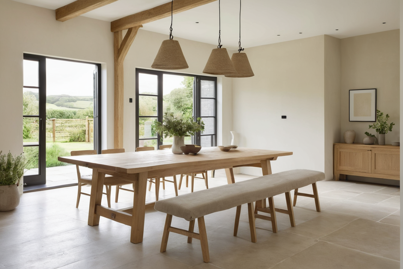 A timber dining table and bench in a bright room