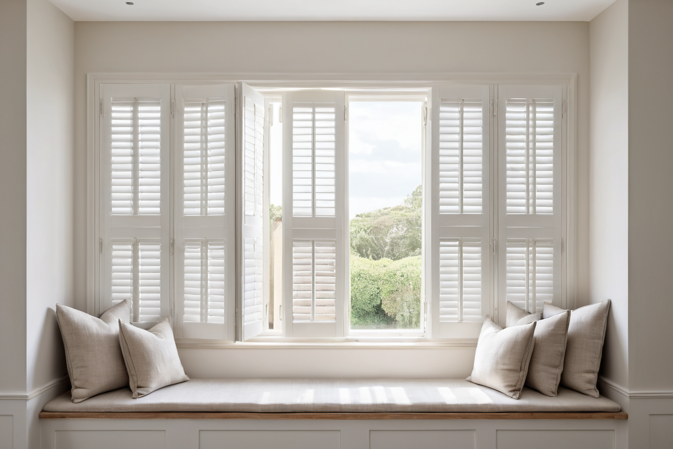 White louvred shutters above a cushioned window seat